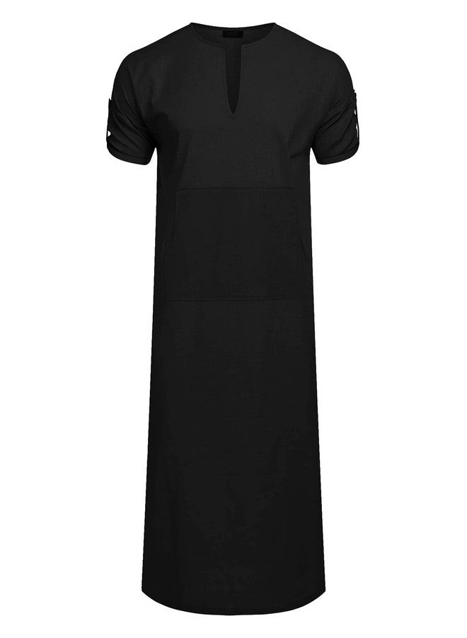 COOFANDY Men's V-Neck Linen Robe Short Sleeve Kaftan Thobe Long Gown Casual Shirt for Beach, Summer Black - Image 4